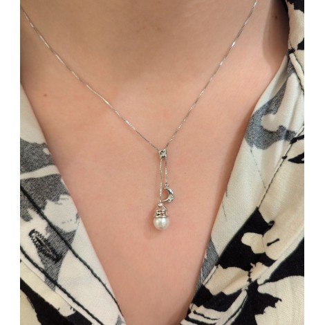 Collana Perla e Luna Oro Bianco 18Kt Brillanti