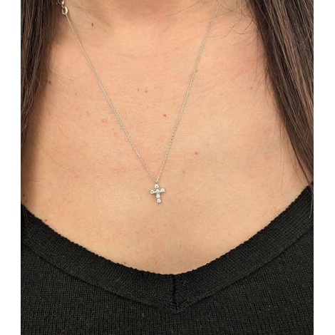 Collana Pendente Mini Croce Oro Bianco 9kt Zirconi