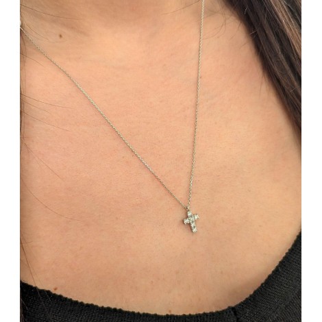 Collana Pendente Mini Croce Oro Bianco 9kt Zirconi