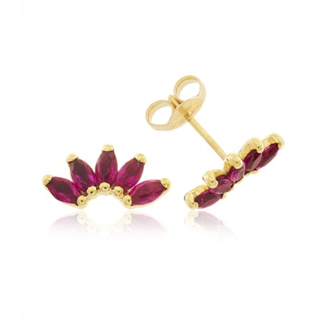 Orecchini Lobo Fiore Oro Giallo 9kt Zirconi Rossi