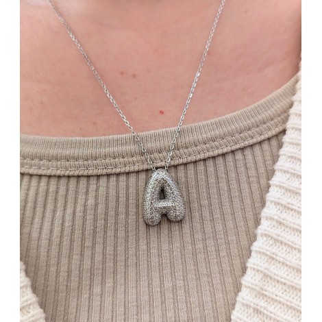 Collana Lettera Bombata Argento Zirconi Bianchi