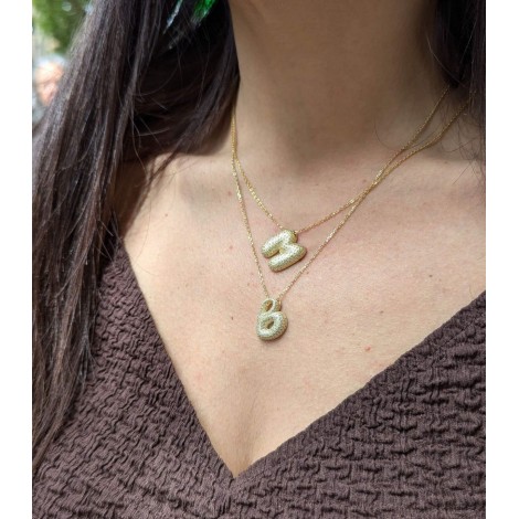 Collana Lettera Bombata Argento Dorato Zirconi Bianchi