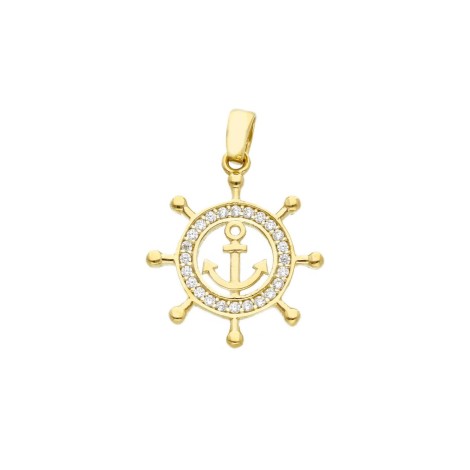 Ciondolo Ancora Zirconi Oro Giallo 9Kt
