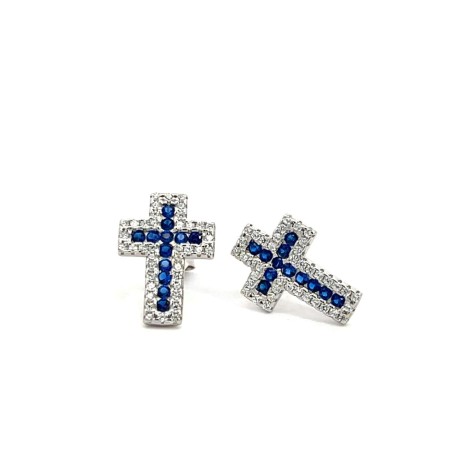 Orecchini Lobo Croce Argento Zirconi Blu