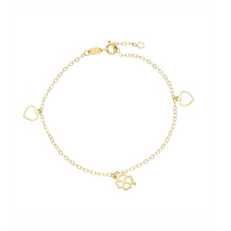 Bracciale Due Cuori e Quadrifoglio Oro Giallo 18kt