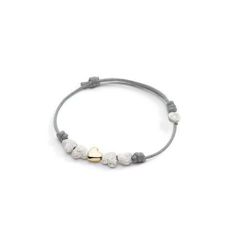 Bracciale Dodo Cuori Argento Effetto Diamantato e Oro Giallo Cordino