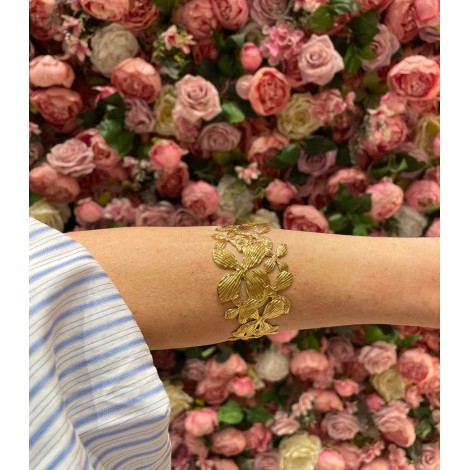 Bracciale Rigido Bangle Aperto Fiori Acciaio Dorato